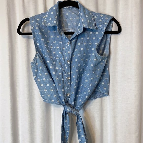 3/$20 - Y2K Bow Ribbon Denim Look Knot Top Kawaii - Cottagecore Rural Farmhouse - Picture 1 of 3